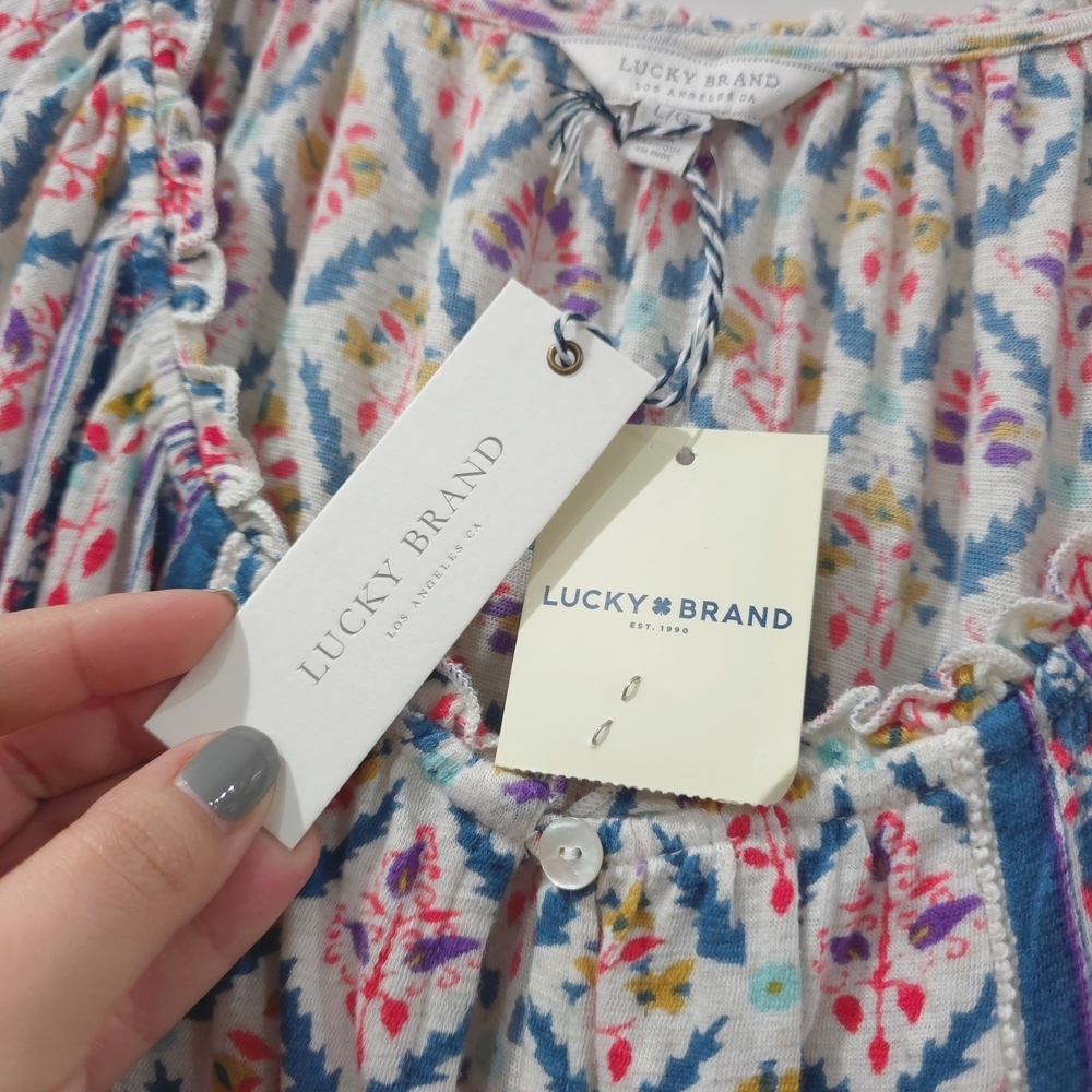 LUCKY BRAND Boho Floral Peasant Blouse with Border Print – Relaxed Fit, Nwt, L - Picture 8 of 16